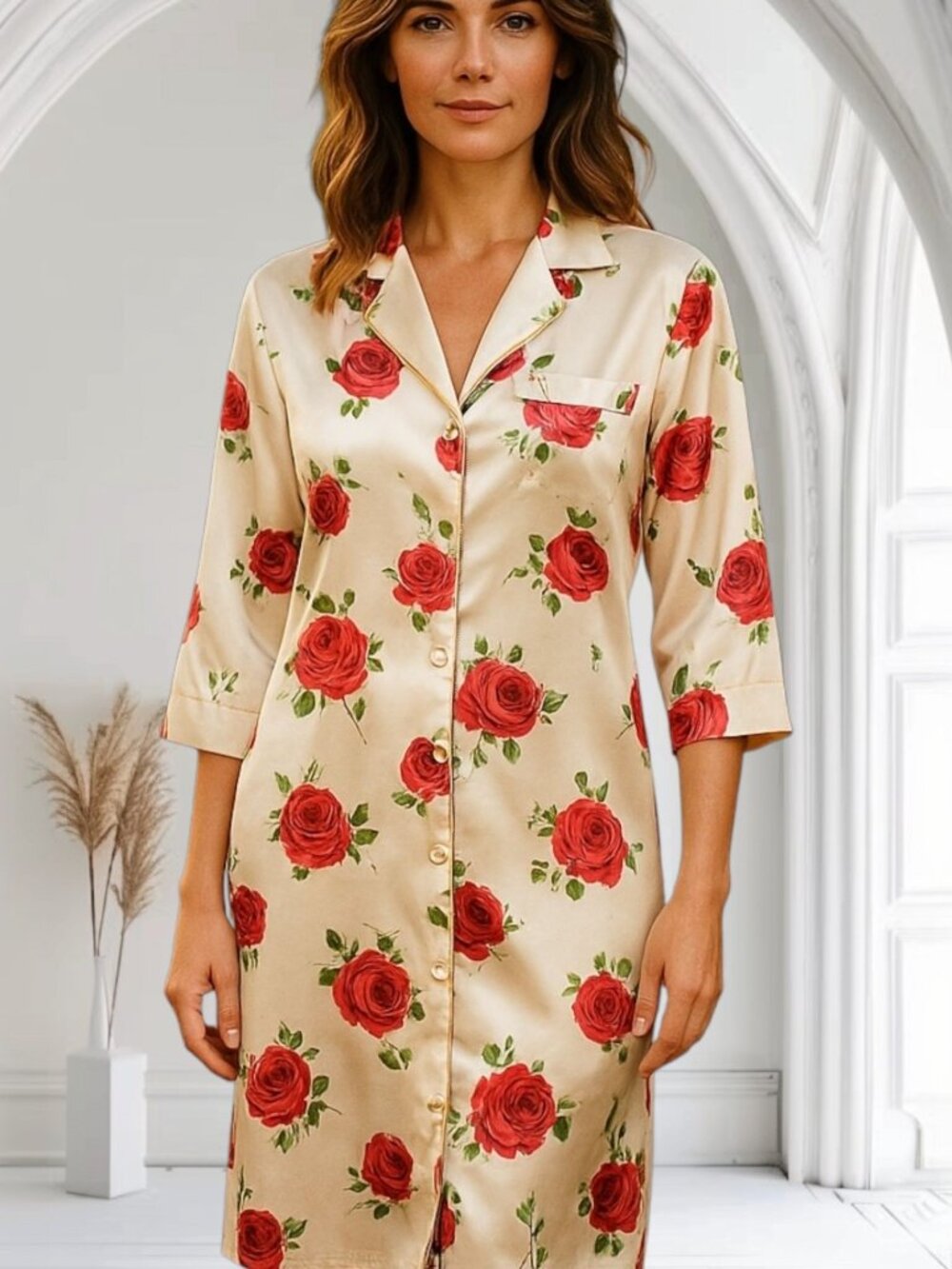 80s-90s Vintage Floral Satin Nightgown Robe One Size Rose Red Ivory Button-Down